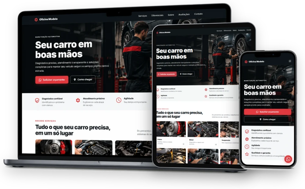 Exemplo de landing page de uma oficina mecânica exibida em notebook, tablet e celular